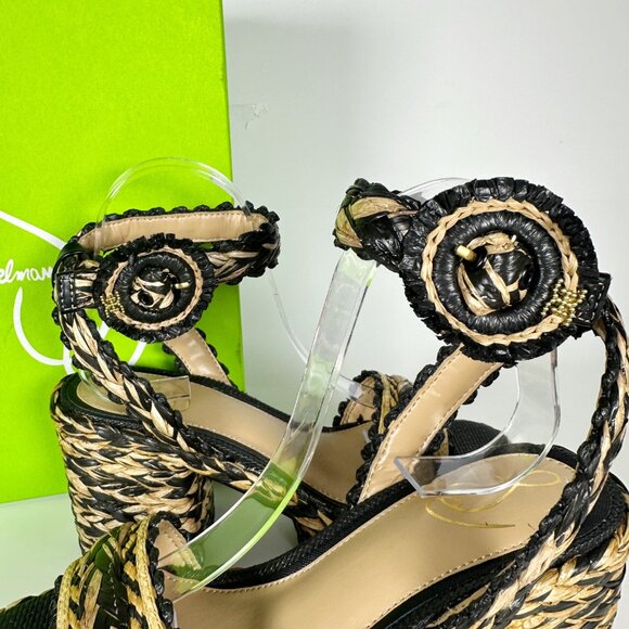 Sam Edelman Black Natural Raffia Lliana sz 7 Woven Platform Sandals Ankle Strap - Picture 6 of 15
